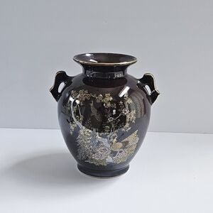 Japanese Dark Brown Porcelain Vase Peacock / Floral